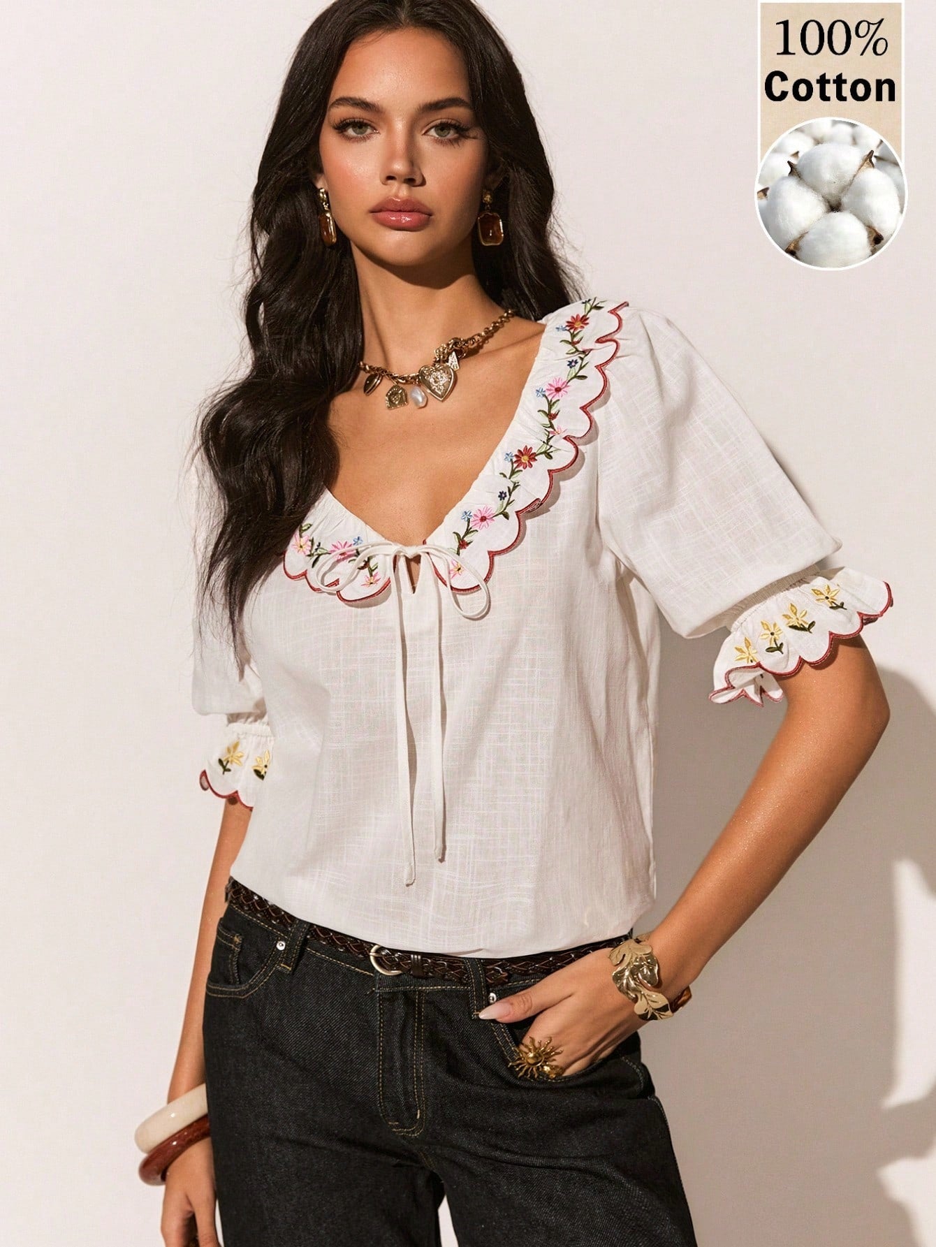 Poéselle Women's White Floral Embroidered Short Sleeve Cotton Blouse,Summer Casual Cute Top,Elegant Party Top,Vacation Beach Office Daily Wear