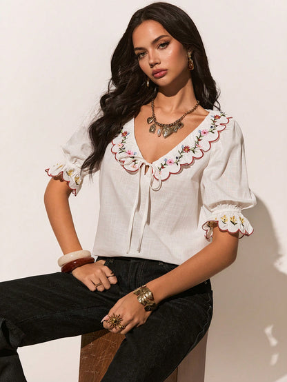 Poéselle Women's White Floral Embroidered Short Sleeve Cotton Blouse,Summer Casual Cute Top,Elegant Party Top,Vacation Beach Office Daily Wear