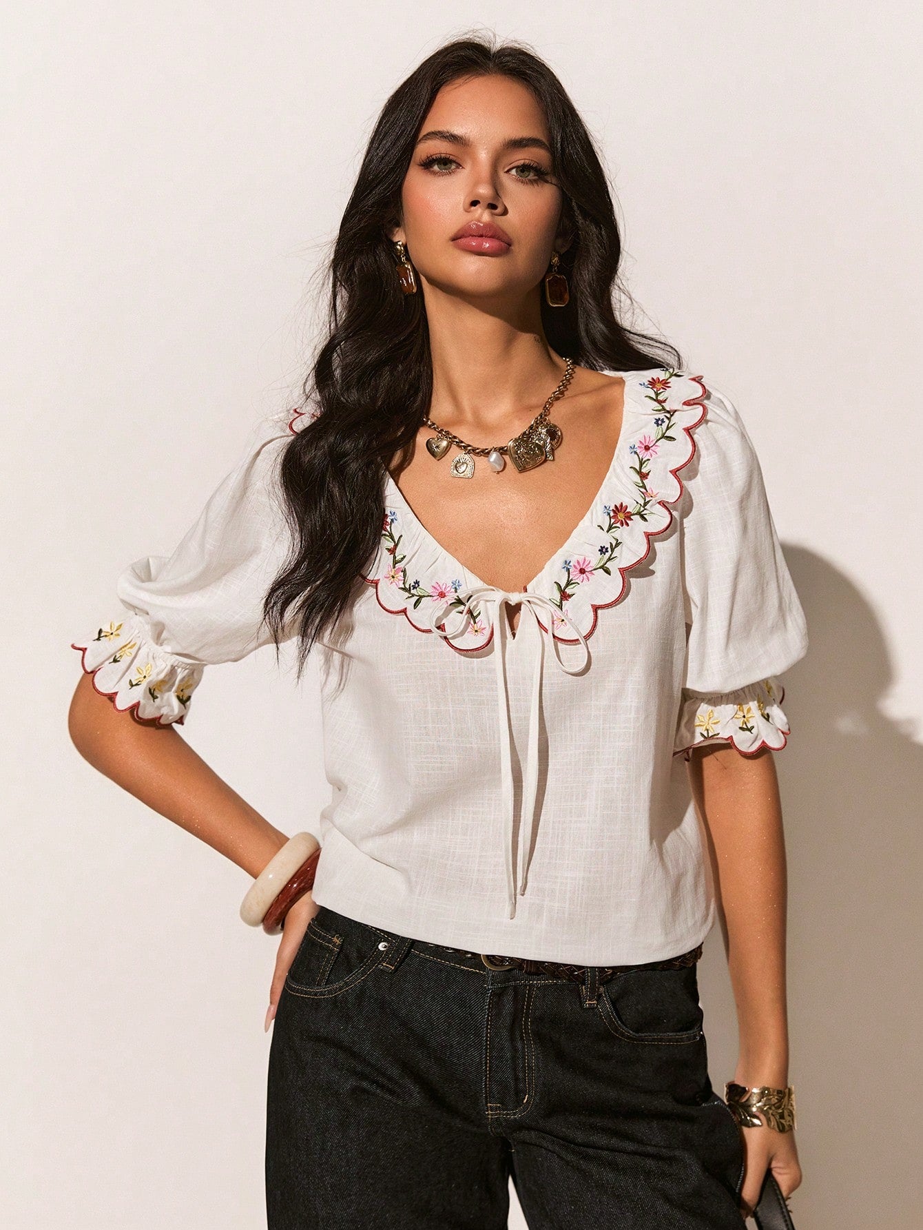 Poéselle Women's White Floral Embroidered Short Sleeve Cotton Blouse,Summer Casual Cute Top,Elegant Party Top,Vacation Beach Office Daily Wear