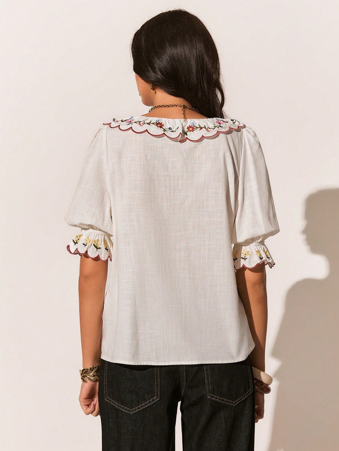 Poéselle Women's White Floral Embroidered Short Sleeve Cotton Blouse,Summer Casual Cute Top,Elegant Party Top,Vacation Beach Office Daily Wear