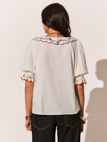 Poéselle Women's White Floral Embroidered Short Sleeve Cotton Blouse,Summer Casual Cute Top,Elegant Party Top,Vacation Beach Office Daily Wear