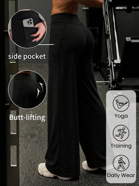 Pocket, Tummy Control, Butt Lifting Wide Leg Pants, Comfortable Sports Casual Leggings, High Stretch Flare Commuting Yoga Pants Black Vacation
