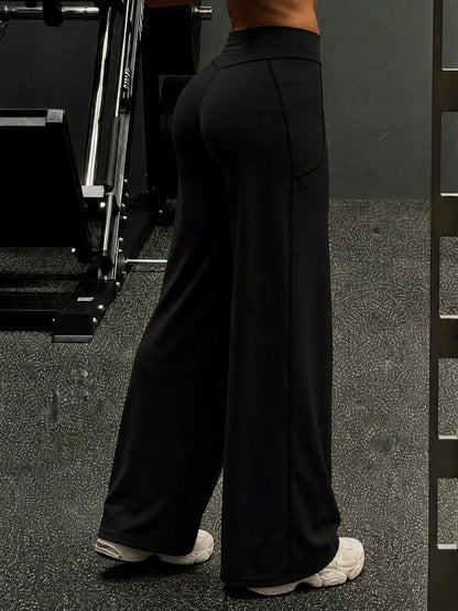 Pocket, Tummy Control, Butt Lifting Wide Leg Pants, Comfortable Sports Casual Leggings, High Stretch Flare Commuting Yoga Pants Black Vacation