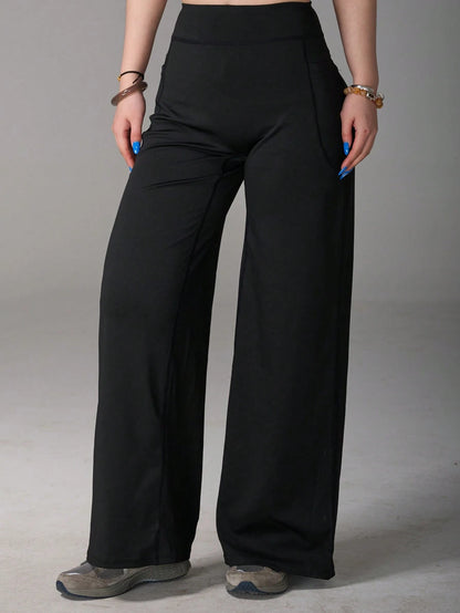 Pocket, Tummy Control, Butt Lifting Wide Leg Pants, Comfortable Sports Casual Leggings, High Stretch Flare Commuting Yoga Pants Black Vacation