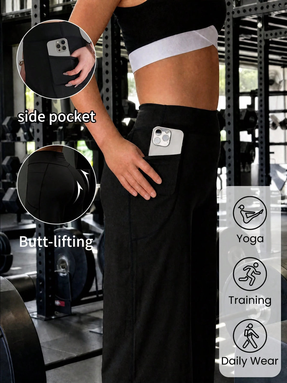Pocket, Tummy Control, Butt Lifting Wide Leg Pants, Comfortable Sports Casual Leggings, High Stretch Flare Commuting Yoga Pants Black Vacation