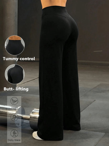 Pocket, Tummy Control, Butt Lifting Wide Leg Pants, Comfortable Sports Casual Leggings, High Stretch Flare Commuting Yoga Pants Black Vacation