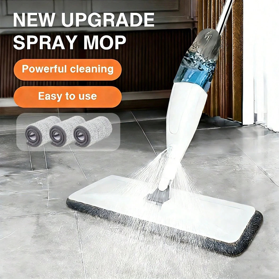 POKEPIC Spray Mop And Three Washable Pads | Water-Spraying Flat Mop, Household All-Purpose Floor Cleaner, Dry And Wet Dual-Purpose, Suitable For Hardwood, Laminate, Tiles, Ceramics