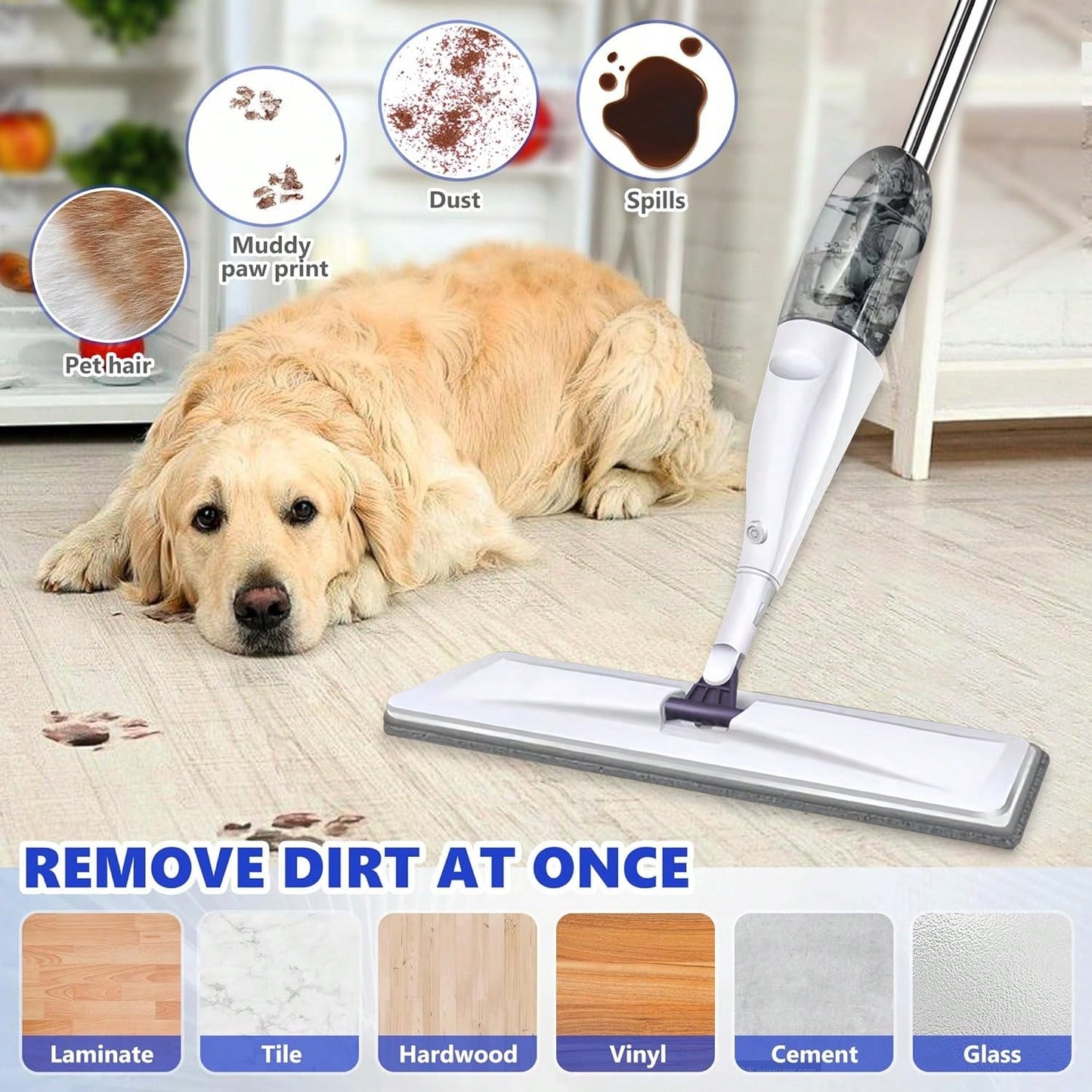 POKEPIC Spray Mop And Three Washable Pads | Water-Spraying Flat Mop, Household All-Purpose Floor Cleaner, Dry And Wet Dual-Purpose, Suitable For Hardwood, Laminate, Tiles, Ceramics