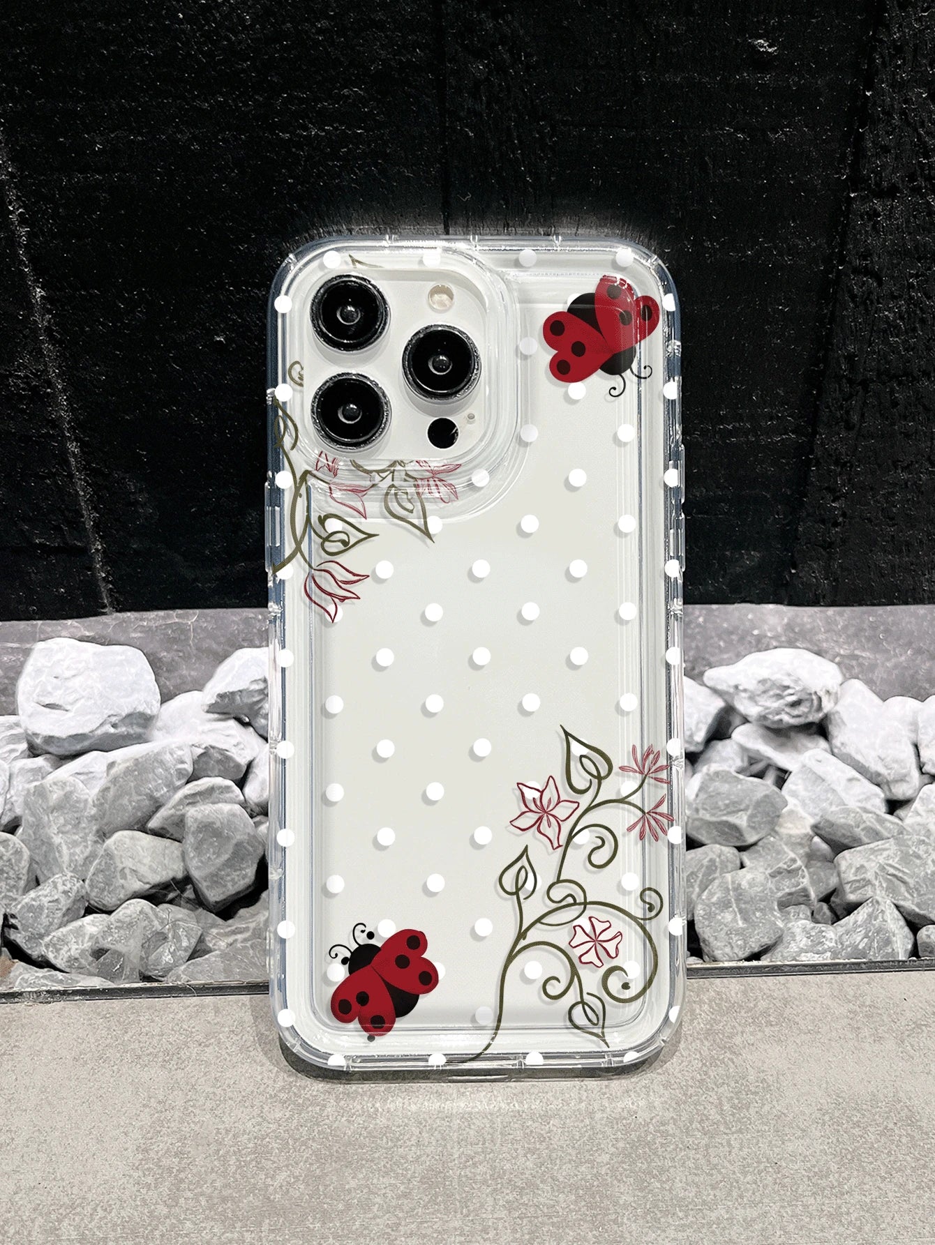 Polka Dot Ladybug & Floral Transparent Shock-Proof Phone Case Compatible With 17 Pro Max, 17 Air, 17, 16 Pro Max, 16 Pro, 15 Pro Max, 15 Pro, 13 Pro Max, 12 Pro Max, S25, S24, S23 Ultra, A55 5G, A54 5