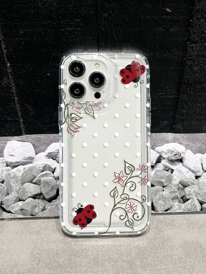 Polka Dot Ladybug & Floral Transparent Shock-Proof Phone Case Compatible With 17 Pro Max, 17 Air, 17, 16 Pro Max, 16 Pro, 15 Pro Max, 15 Pro, 13 Pro Max, 12 Pro Max, S25, S24, S23 Ultra, A55 5G, A54 5