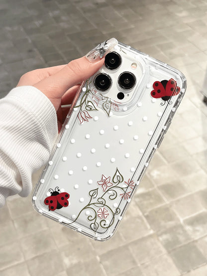 Polka Dot Ladybug & Floral Transparent Shock-Proof Phone Case Compatible With 17 Pro Max, 17 Air, 17, 16 Pro Max, 16 Pro, 15 Pro Max, 15 Pro, 13 Pro Max, 12 Pro Max, S25, S24, S23 Ultra, A55 5G, A54 5