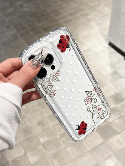 Polka Dot Ladybug & Floral Transparent Shock-Proof Phone Case Compatible With 17 Pro Max, 17 Air, 17, 16 Pro Max, 16 Pro, 15 Pro Max, 15 Pro, 13 Pro Max, 12 Pro Max, S25, S24, S23 Ultra, A55 5G, A54 5
