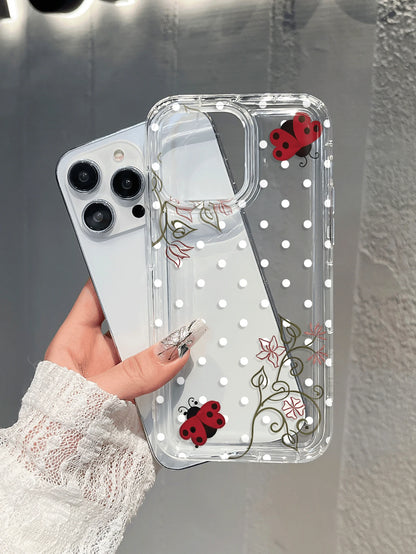 Polka Dot Ladybug & Floral Transparent Shock-Proof Phone Case Compatible With 17 Pro Max, 17 Air, 17, 16 Pro Max, 16 Pro, 15 Pro Max, 15 Pro, 13 Pro Max, 12 Pro Max, S25, S24, S23 Ultra, A55 5G, A54 5