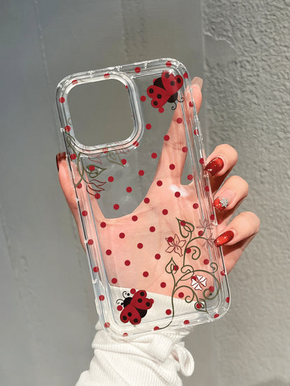 Polka Dot Ladybug & Floral Transparent Shock-Proof Phone Case Compatible With 17 Pro Max, 17 Air, 17, 16 Pro Max, 16 Pro, 15 Pro Max, 15 Pro, 13 Pro Max, 12 Pro Max, S25, S24, S23 Ultra, A55 5G, A54 5