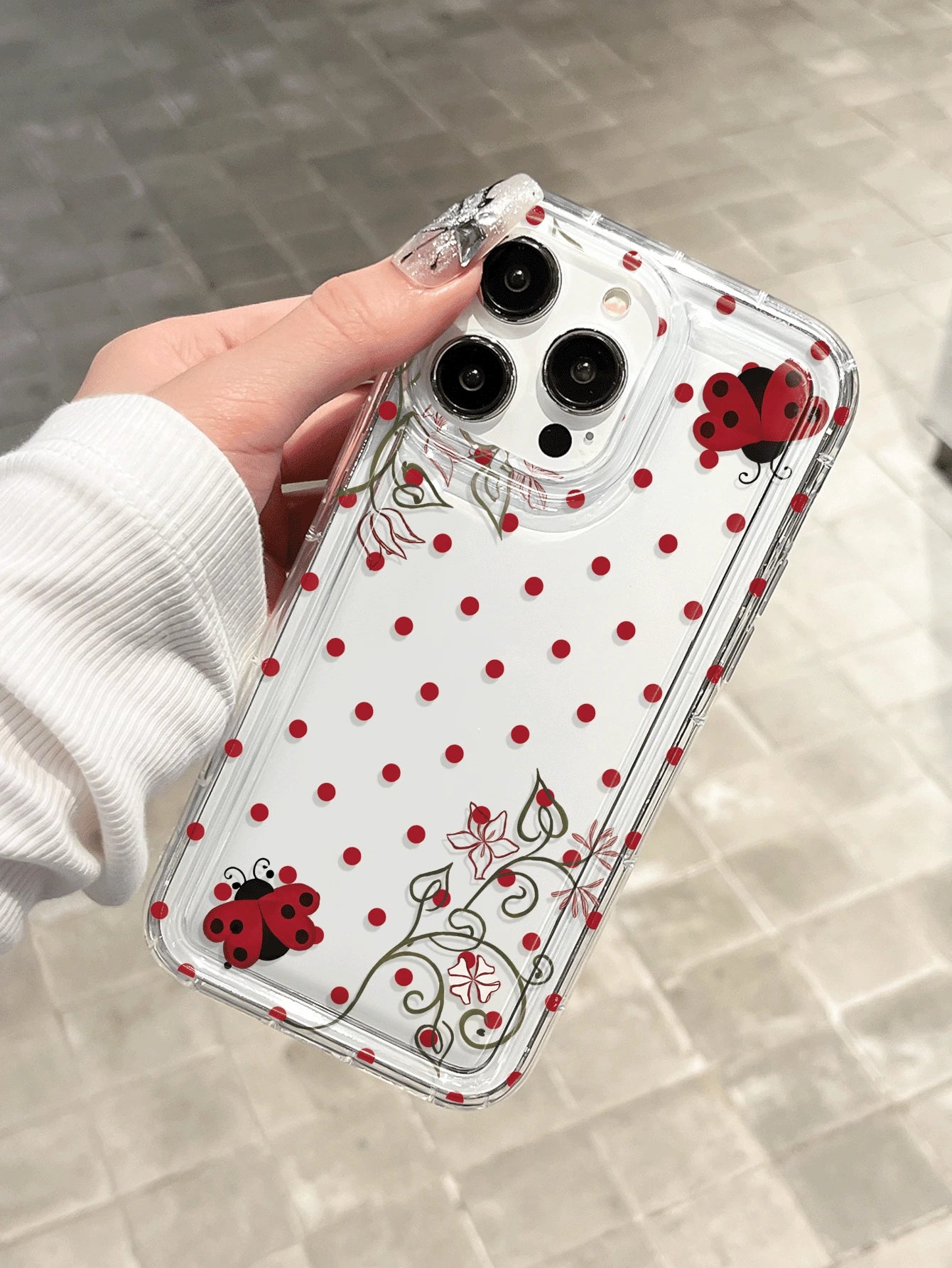 Polka Dot Ladybug & Floral Transparent Shock-Proof Phone Case Compatible With 17 Pro Max, 17 Air, 17, 16 Pro Max, 16 Pro, 15 Pro Max, 15 Pro, 13 Pro Max, 12 Pro Max, S25, S24, S23 Ultra, A55 5G, A54 5