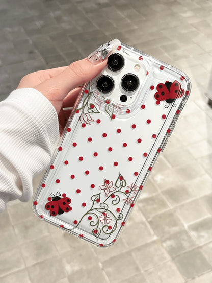 Polka Dot Ladybug & Floral Transparent Shock-Proof Phone Case Compatible With 17 Pro Max, 17 Air, 17, 16 Pro Max, 16 Pro, 15 Pro Max, 15 Pro, 13 Pro Max, 12 Pro Max, S25, S24, S23 Ultra, A55 5G, A54 5