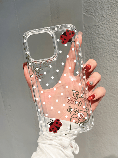 Polka Dot Ladybug & Floral Transparent Shock-Proof Phone Case Compatible With 17 Pro Max, 17 Air, 17, 16 Pro Max, 16 Pro, 15 Pro Max, 15 Pro, 13 Pro Max, 12 Pro Max, S25, S24, S23 Ultra, A55 5G, A54 5