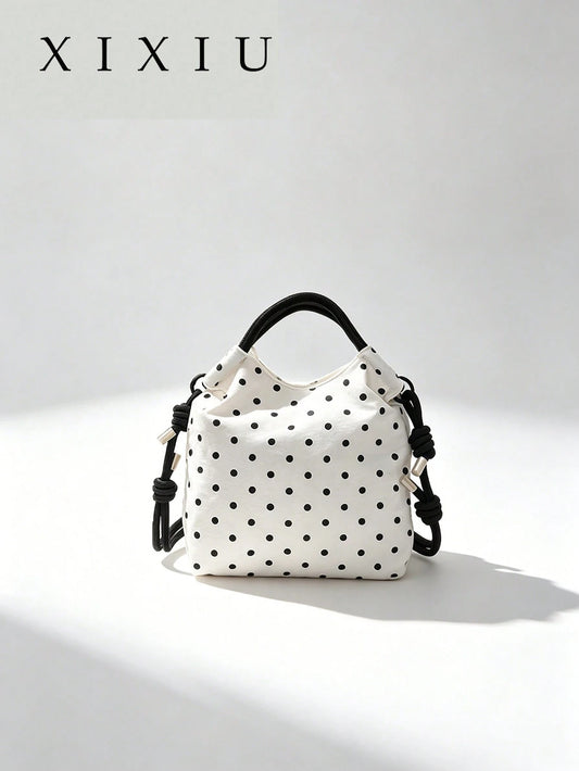 Polka Dot Nylon Drawstring Tote Bag, Women's Daily Casual Mini Handbag
