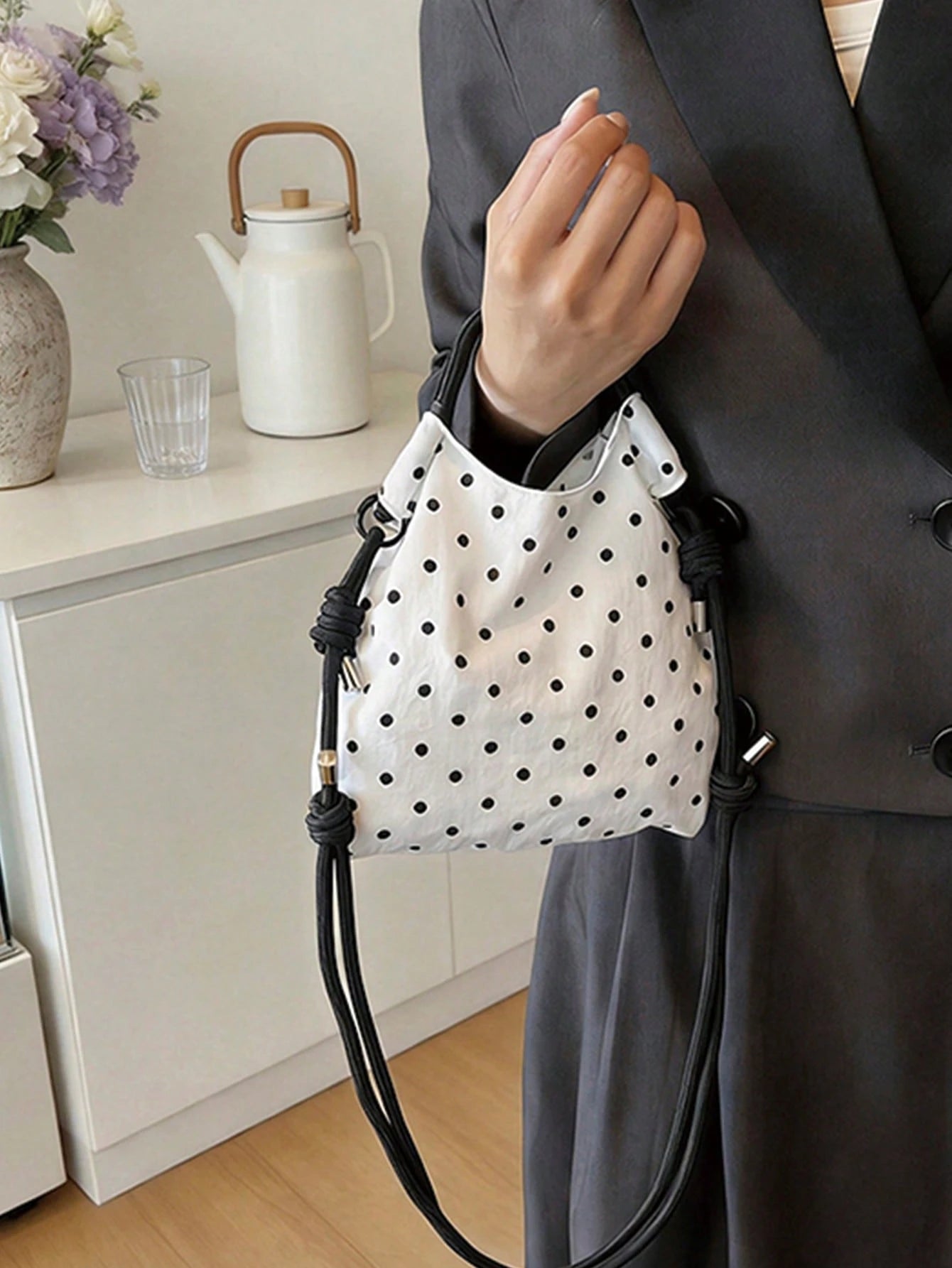 Polka Dot Nylon Drawstring Tote Bag, Women's Daily Casual Mini Handbag