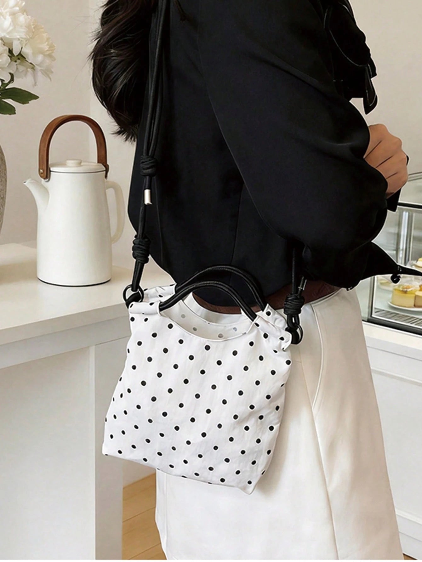 Polka Dot Nylon Drawstring Tote Bag, Women's Daily Casual Mini Handbag