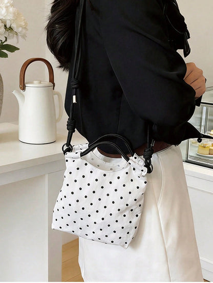 Polka Dot Nylon Drawstring Tote Bag, Women's Daily Casual Mini Handbag
