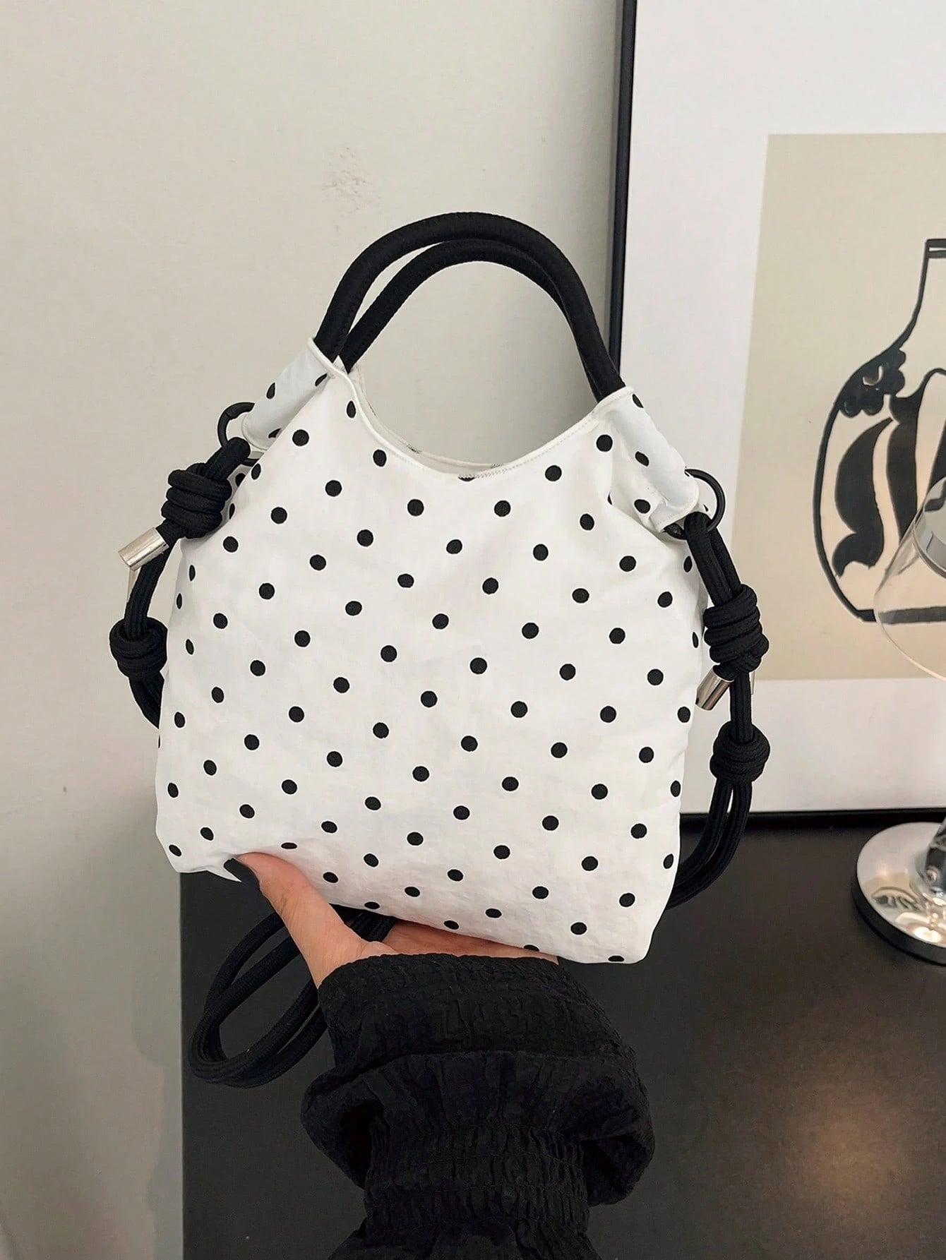 Polka Dot Nylon Drawstring Tote Bag, Women's Daily Casual Mini Handbag