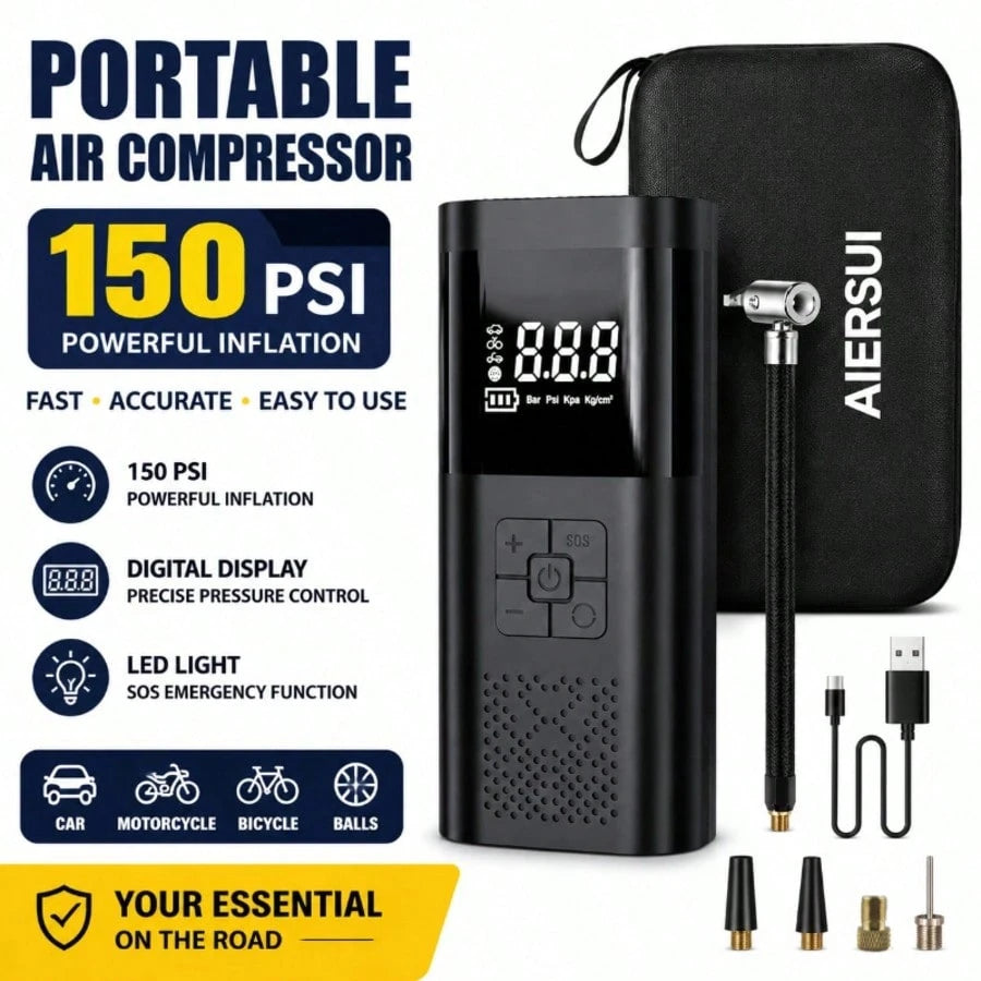 Portable Air Compressor With Tire Inflator, LED Flashlight And Tire Pressure Gauge, Suitable For Cars, SUVs, Motorcycles, Bicycles And Balls