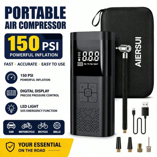 Portable Air Compressor With Tire Inflator, LED Flashlight And Tire Pressure Gauge, Suitable For Cars, SUVs, Motorcycles, Bicycles And Balls