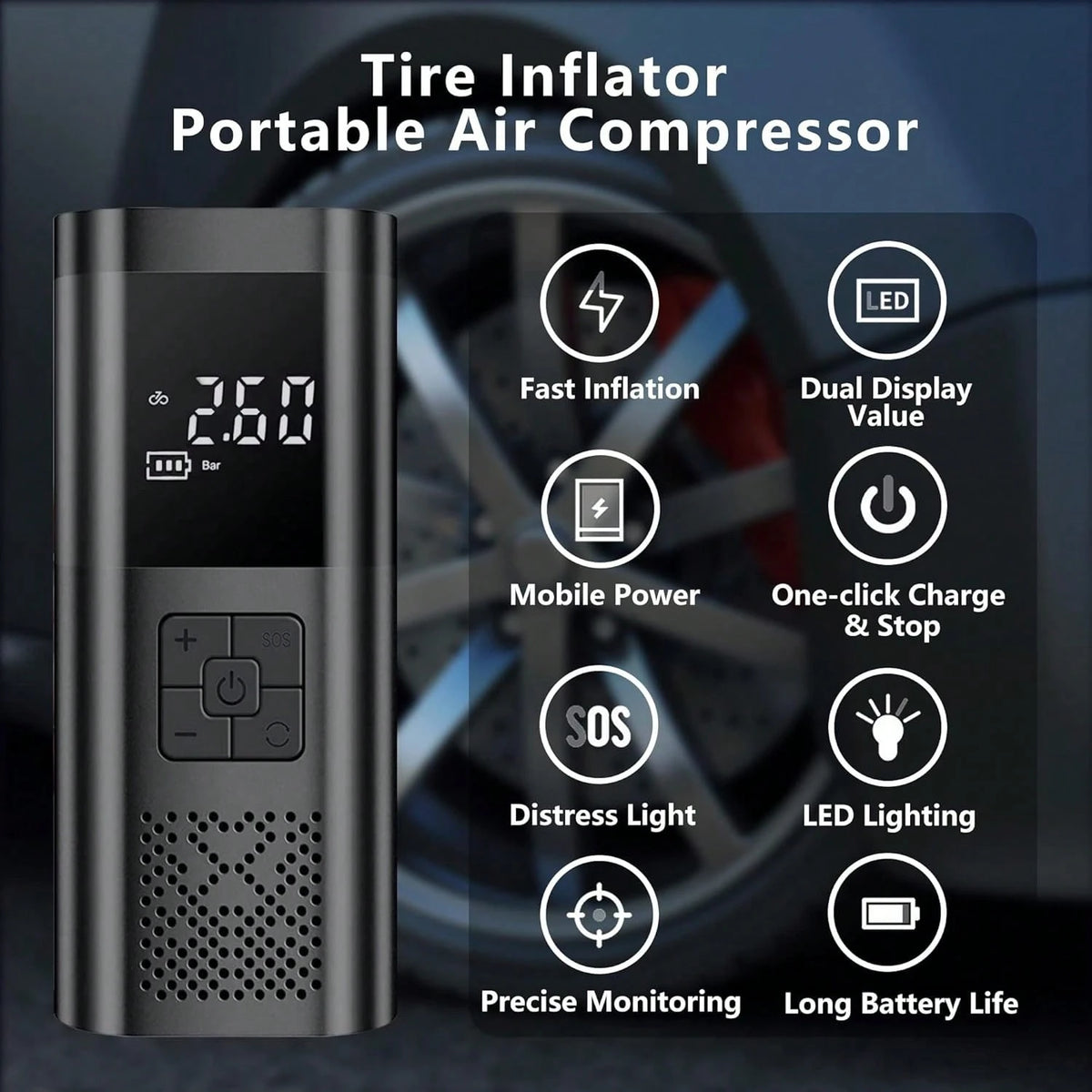 Portable Air Compressor With Tire Inflator, LED Flashlight And Tire Pressure Gauge, Suitable For Cars, SUVs, Motorcycles, Bicycles And Balls