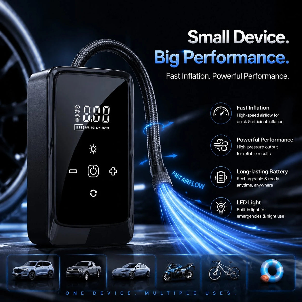 Portable Air Pump Inflator 140 PSI Car Tire Inflator, Digital Tire Inflator, Suitable For Car/Motorcycle/Bicycle/Football/Basketball/Air Mattress, Road Trip Tool With LED Light, 1300mAh/DC12V