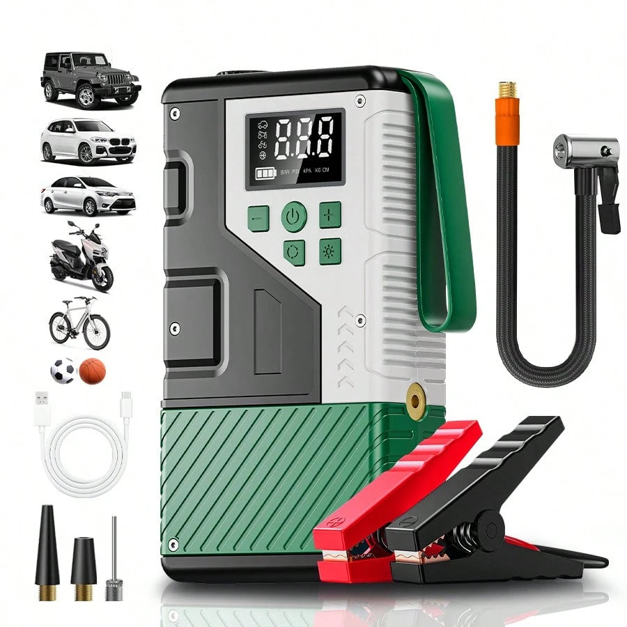 Portable Car Jump Starter Built-In Tire Inflator. Car Battery Booster. It Enables Fast Vehicle Starting And Quick Tire Inflation. Equipped With USB Input & Output Ports And LED Emergency Light, A Prac