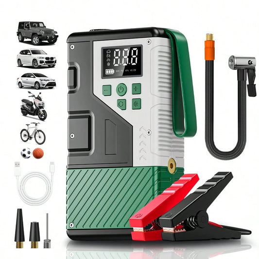 Portable Car Jump Starter Built-In Tire Inflator. Car Battery Booster. It Enables Fast Vehicle Starting And Quick Tire Inflation. Equipped With USB Input & Output Ports And LED Emergency Light, A Prac