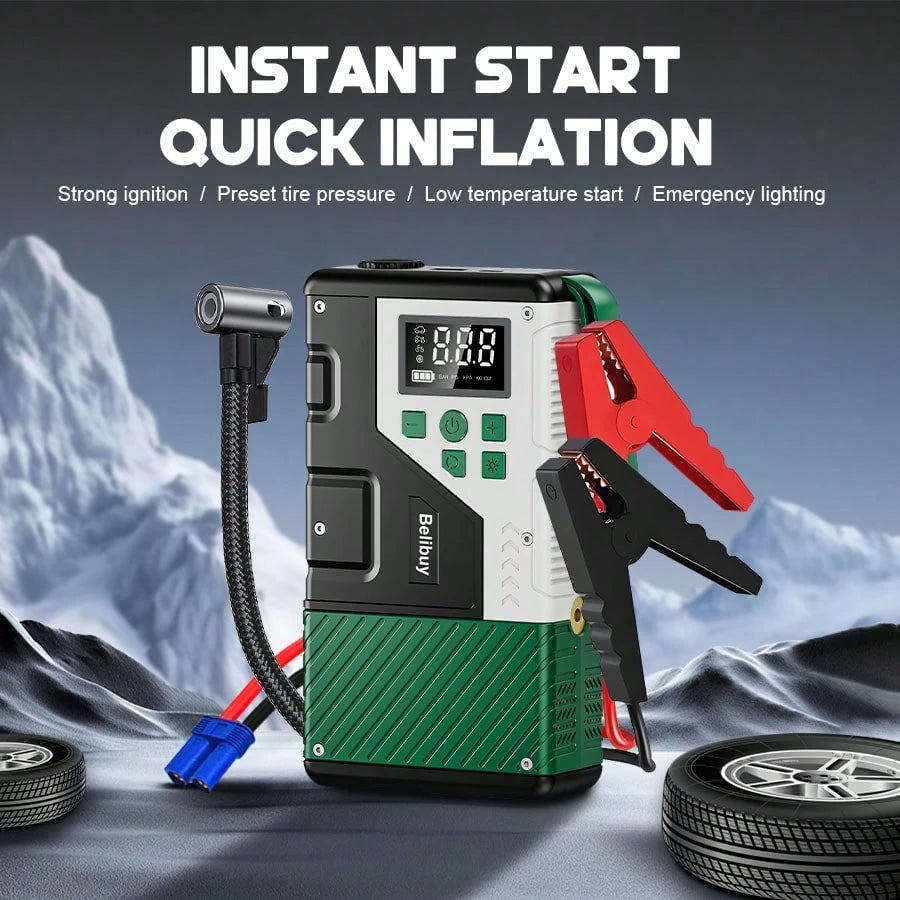 Portable Car Jump Starter Built-In Tire Inflator. Car Battery Booster. It Enables Fast Vehicle Starting And Quick Tire Inflation. Equipped With USB Input & Output Ports And LED Emergency Light, A Prac