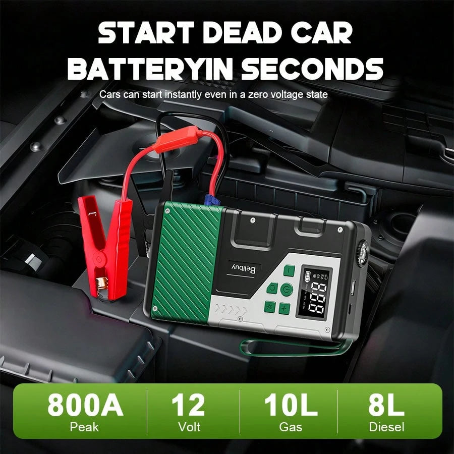 Portable Car Jump Starter Built-In Tire Inflator. Car Battery Booster. It Enables Fast Vehicle Starting And Quick Tire Inflation. Equipped With USB Input & Output Ports And LED Emergency Light, A Prac