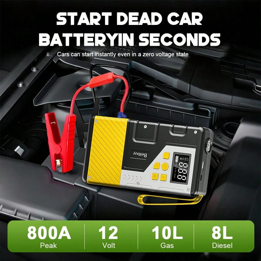 Portable Car Jump Starter Built-In Tire Inflator. Car Battery Booster. It Enables Fast Vehicle Starting And Quick Tire Inflation. Equipped With USB Input & Output Ports And LED Emergency Light, A Prac