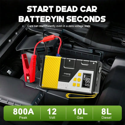 Portable Car Jump Starter Built-In Tire Inflator. Car Battery Booster. It Enables Fast Vehicle Starting And Quick Tire Inflation. Equipped With USB Input & Output Ports And LED Emergency Light, A Prac