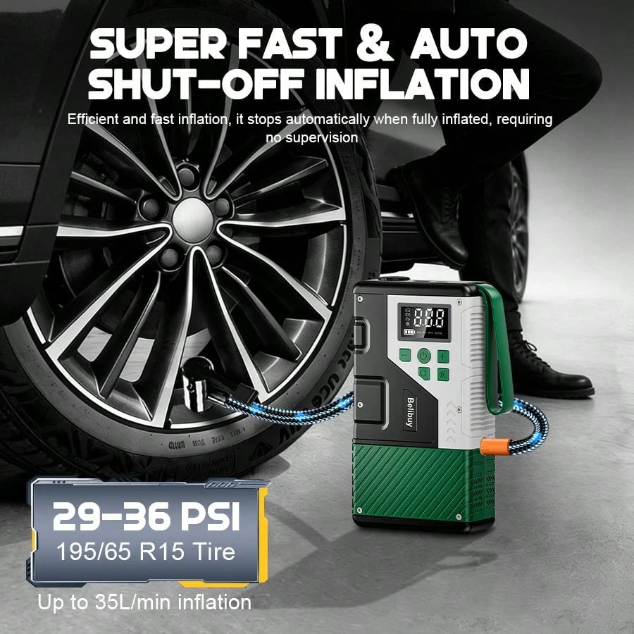 Portable Car Jump Starter Built-In Tire Inflator. Car Battery Booster. It Enables Fast Vehicle Starting And Quick Tire Inflation. Equipped With USB Input & Output Ports And LED Emergency Light, A Prac