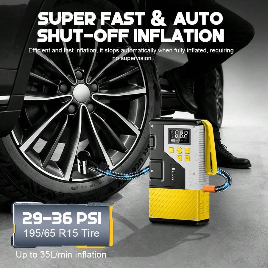 Portable Car Jump Starter Built-In Tire Inflator. Car Battery Booster. It Enables Fast Vehicle Starting And Quick Tire Inflation. Equipped With USB Input & Output Ports And LED Emergency Light, A Prac