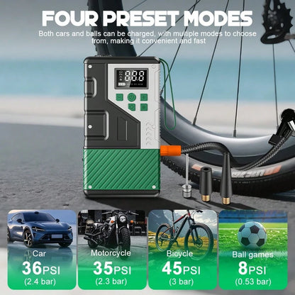 Portable Car Jump Starter Built-In Tire Inflator. Car Battery Booster. It Enables Fast Vehicle Starting And Quick Tire Inflation. Equipped With USB Input & Output Ports And LED Emergency Light, A Prac