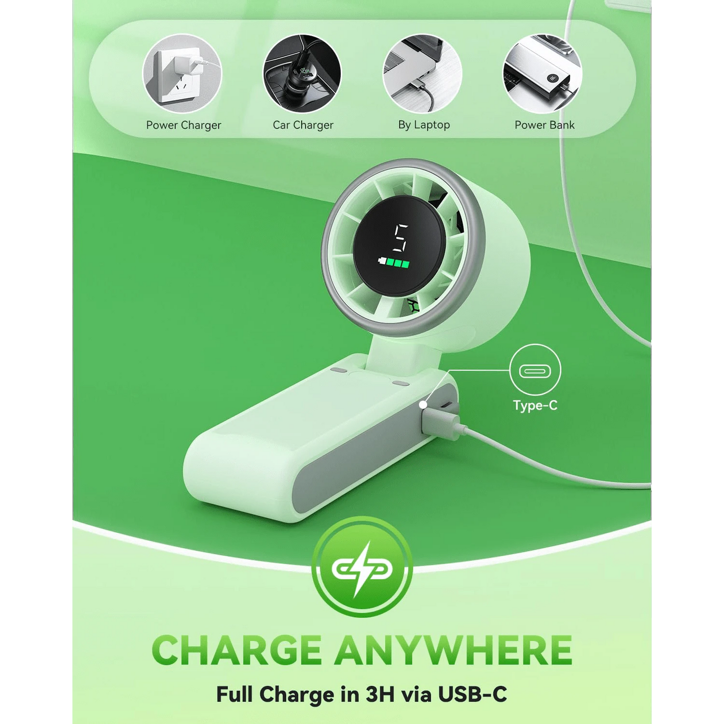 Portable Handheld Turbo Fan, 5000mAh Rechargeable Battery, Up To 12H Runtime, 5 Gear Wind, LED Display, 180° Foldable, 3-In-1 Fan, Rechargeable Stylish Fan With Air-Turbo-Tech Cooling For Outdoor Acti