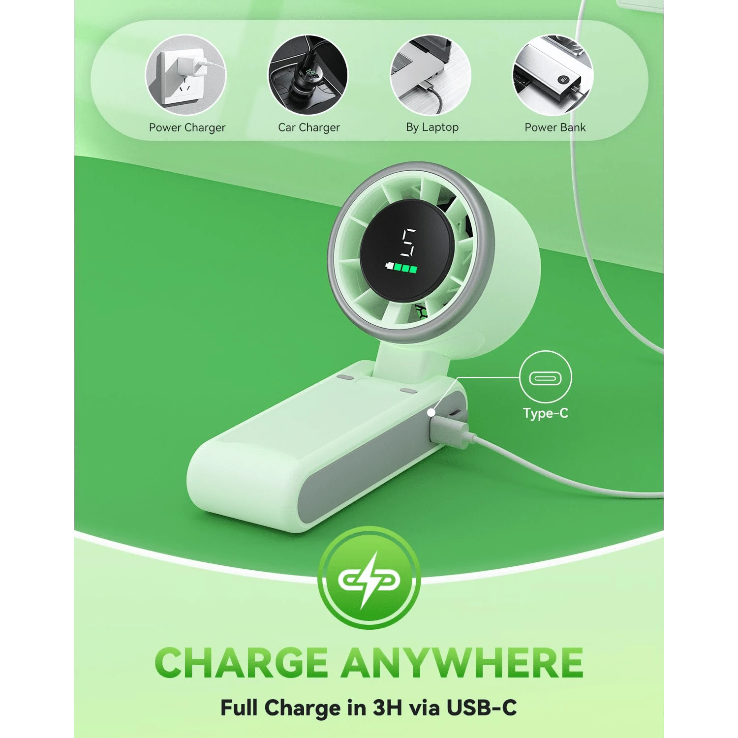 Portable Handheld Turbo Fan, 5000mAh Rechargeable Battery, Up To 12H Runtime, 5 Gear Wind, LED Display, 180° Foldable, 3-In-1 Fan, Rechargeable Stylish Fan With Air-Turbo-Tech Cooling For Outdoor Acti