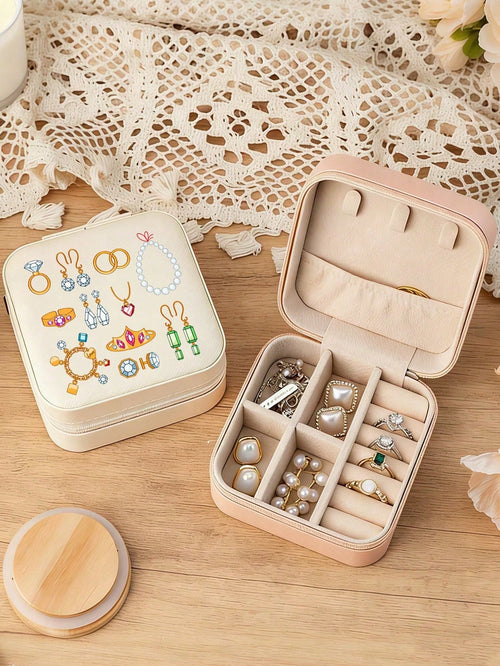 Portable Mini Jewelry Box, Cute Printed Travel Jewellery Organizer, Printed With Exquisite Jewelry And Accessory Patterns, Jewelry Storage Box, Accessory Storage, Necklace And Earring Box, Large Capac
