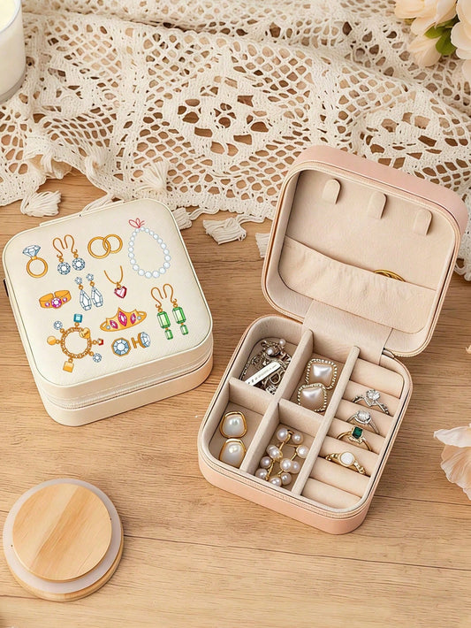Portable Mini Jewelry Box, Cute Printed Travel Jewellery Organizer, Printed With Exquisite Jewelry And Accessory Patterns, Jewelry Storage Box, Accessory Storage, Necklace And Earring Box, Large Capac