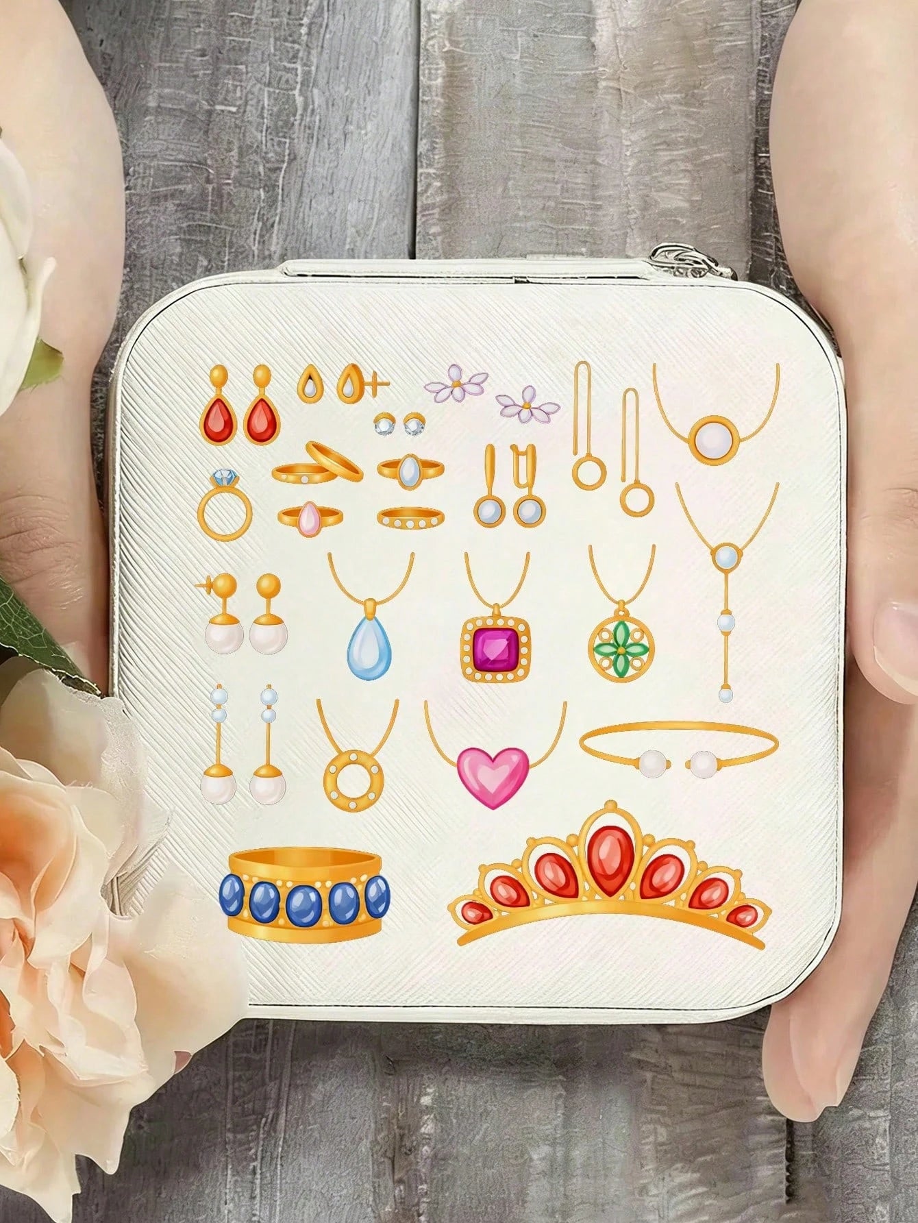Portable Mini Jewelry Box, Cute Printed Travel Jewellery Organizer, Printed With Exquisite Jewelry And Accessory Patterns, Jewelry Storage Box, Accessory Storage, Necklace And Earring Box, Large Capac