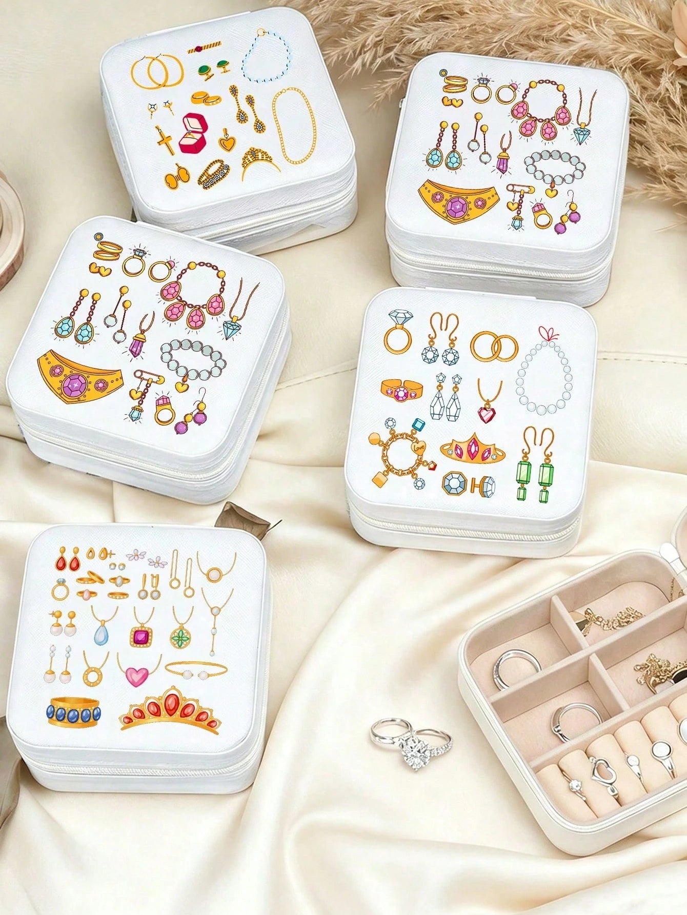 Portable Mini Jewelry Box, Cute Printed Travel Jewellery Organizer, Printed With Exquisite Jewelry And Accessory Patterns, Jewelry Storage Box, Accessory Storage, Necklace And Earring Box, Large Capac
