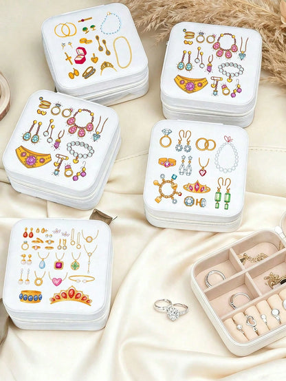Portable Mini Jewelry Box, Cute Printed Travel Jewellery Organizer, Printed With Exquisite Jewelry And Accessory Patterns, Jewelry Storage Box, Accessory Storage, Necklace And Earring Box, Large Capac