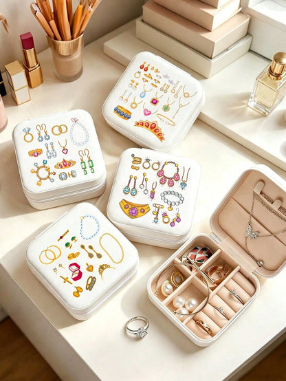Portable Mini Jewelry Box, Cute Printed Travel Jewellery Organizer, Printed With Exquisite Jewelry And Accessory Patterns, Jewelry Storage Box, Accessory Storage, Necklace And Earring Box, Large Capac