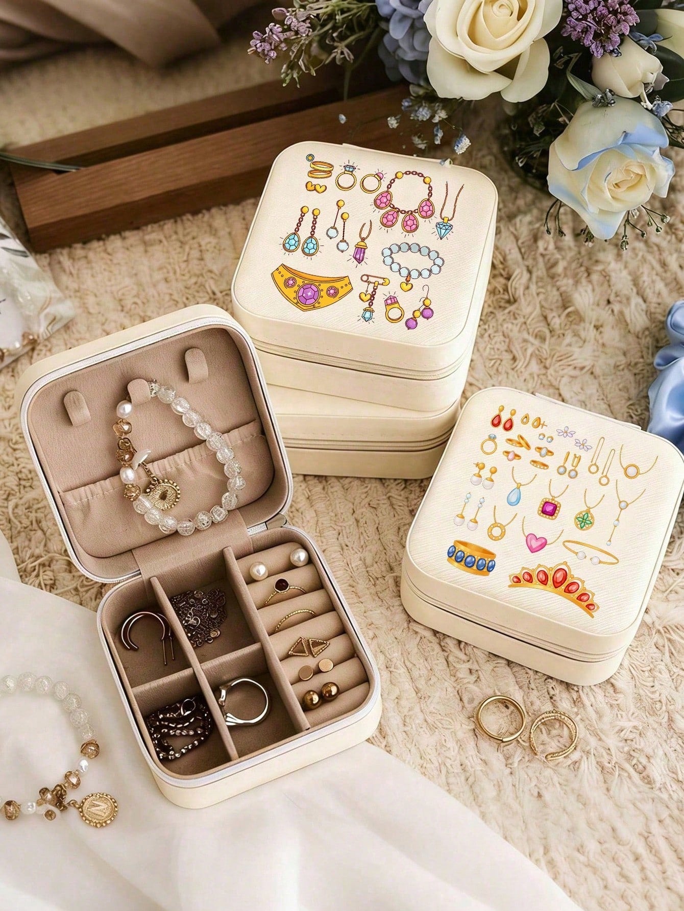 Portable Mini Jewelry Box, Cute Printed Travel Jewellery Organizer, Printed With Exquisite Jewelry And Accessory Patterns, Jewelry Storage Box, Accessory Storage, Necklace And Earring Box, Large Capac