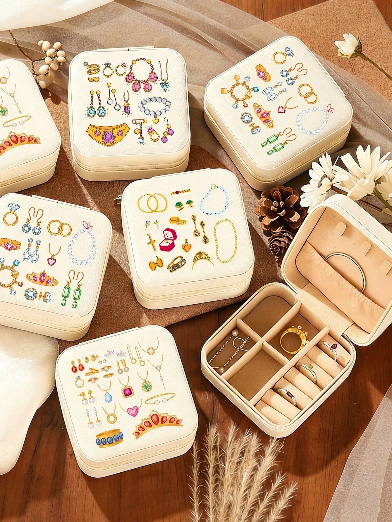 Portable Mini Jewelry Box, Cute Printed Travel Jewellery Organizer, Printed With Exquisite Jewelry And Accessory Patterns, Jewelry Storage Box, Accessory Storage, Necklace And Earring Box, Large Capac
