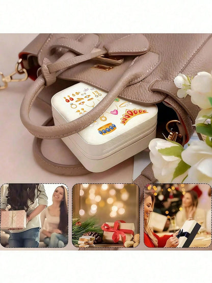 Portable Mini Jewelry Box, Cute Printed Travel Jewellery Organizer, Printed With Exquisite Jewelry And Accessory Patterns, Jewelry Storage Box, Accessory Storage, Necklace And Earring Box, Large Capac